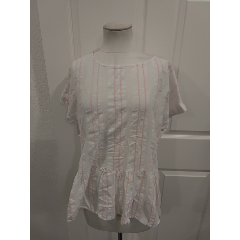 PERCH by BLU PEPPER White Pink Stripe Peplum Button Back Top Women's Plus 2XL